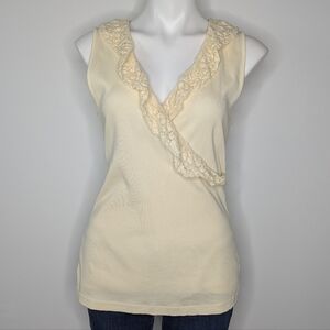 LRL Lauren Ralph Lauren cream lace collared v neck ribbed cotton tank top L
